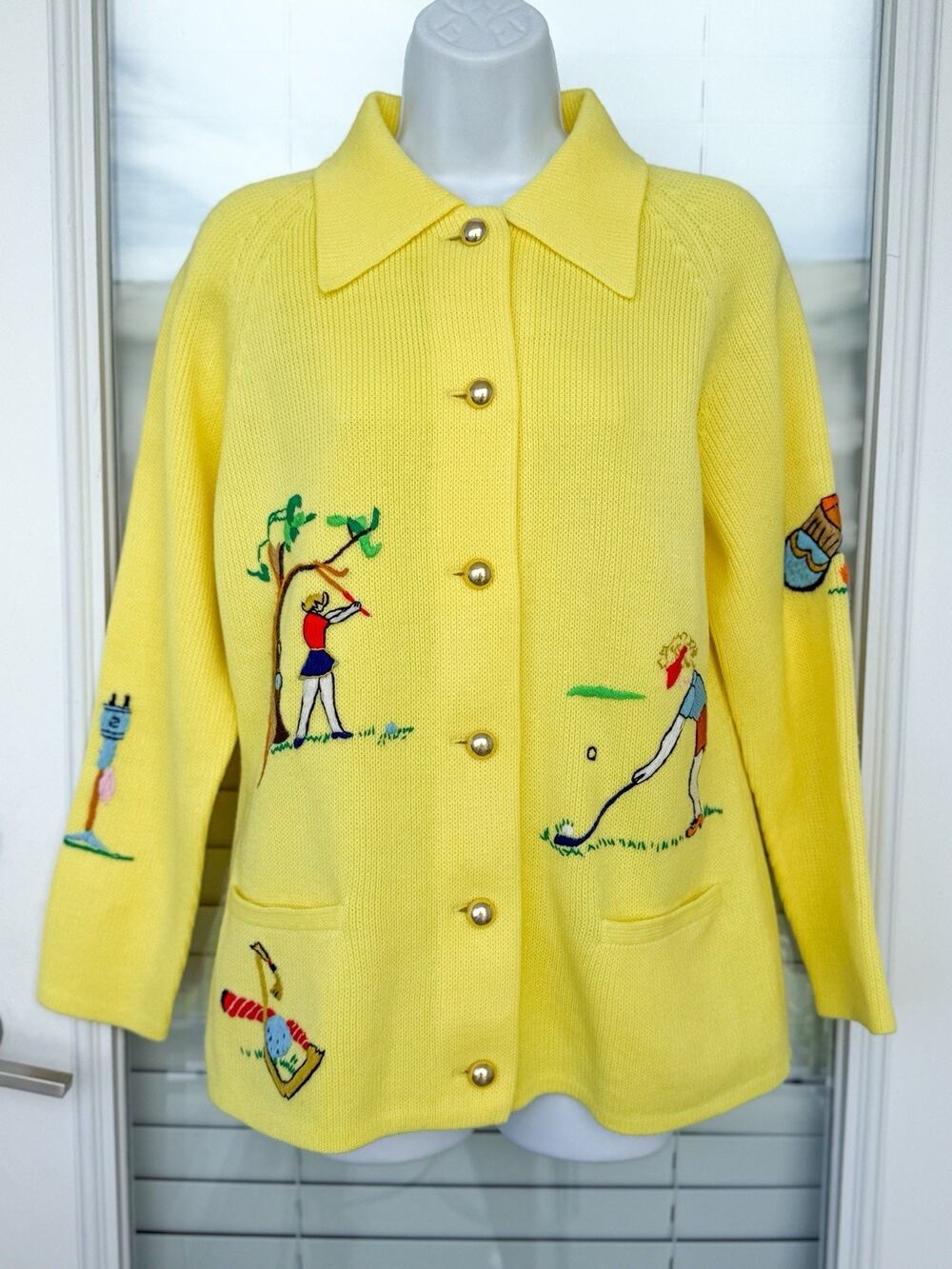 Vintage Andrew Argenti Golf Cardigan Sweater Yellow Embroidered Women M